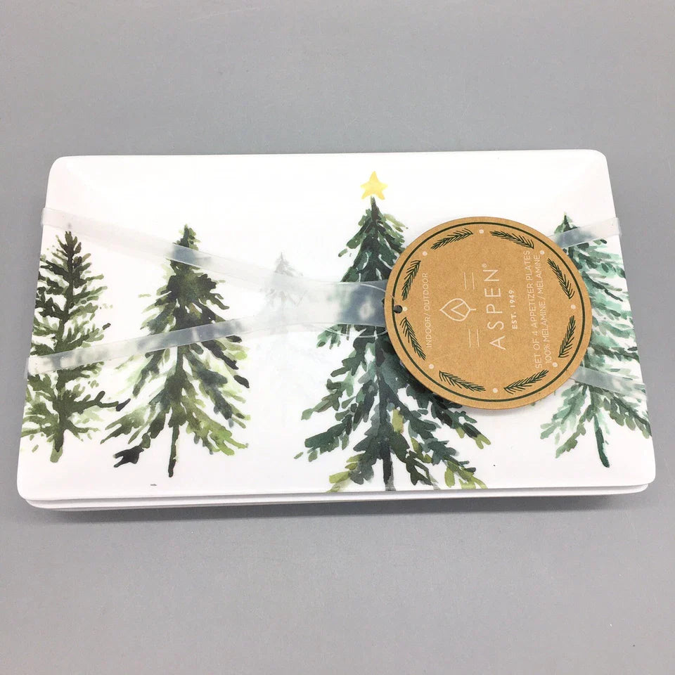 4 Aspen Home Winter Forest Melamine Appetizer Plate Set Christmas Tree Star NEW