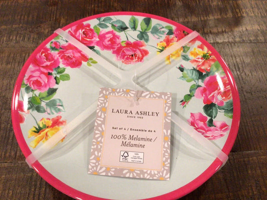 Laura Ashley Melamine Pink & Yellow Roses 7.5”Salad Plates (SET OF 4) NEW